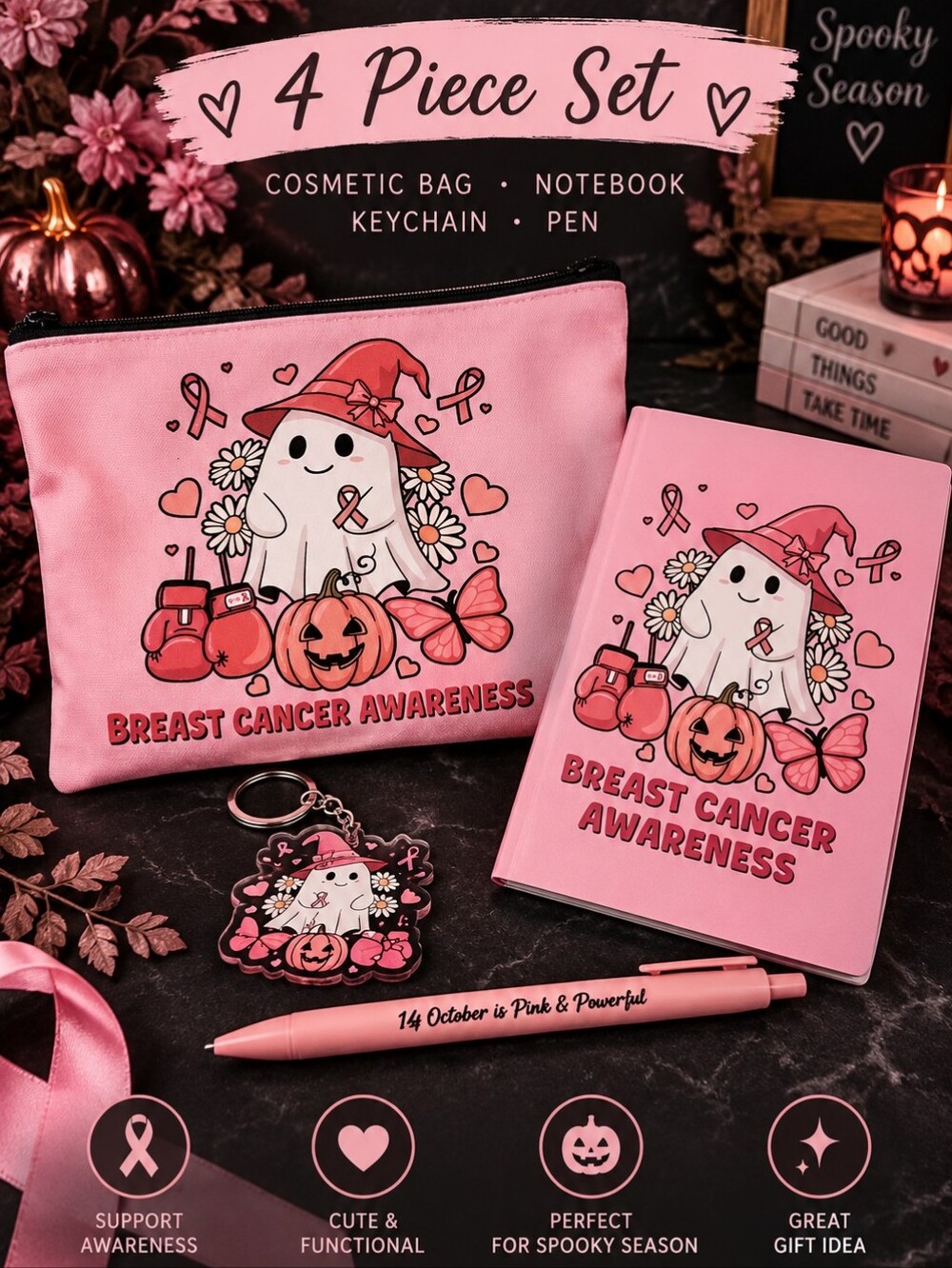 Pink Halloween Breast Cancer Awareness Pink Cosmetic Bag & Notebook Set!!